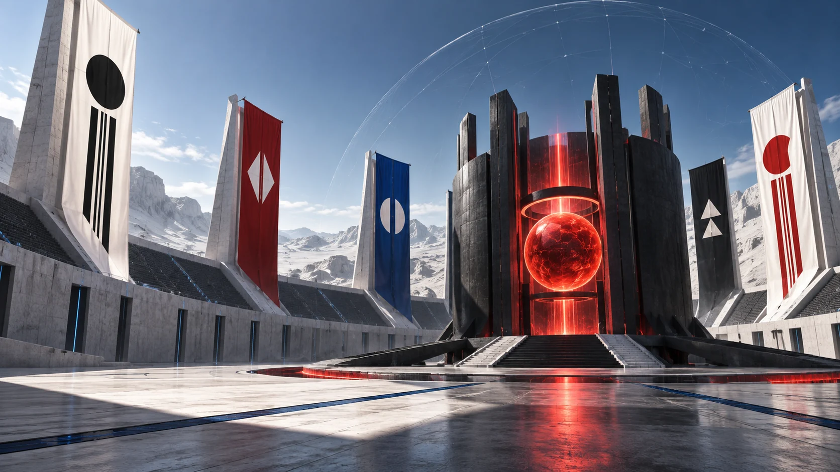 Abstract black and vermilion prize core inside a pale multiplayer tournament arena